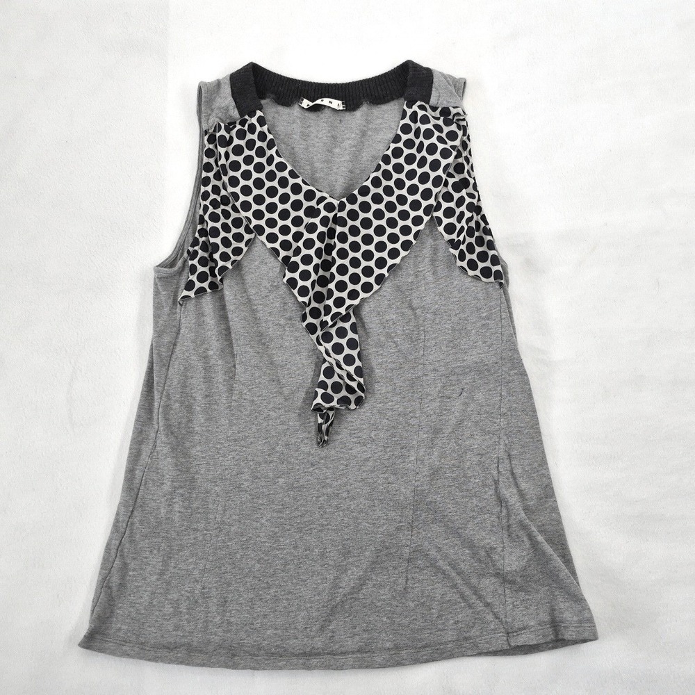 Marni Sleeveless Top Polka Dot Ruffle Trim Grey Heather Jersey V-Neck Sz 40 Grey